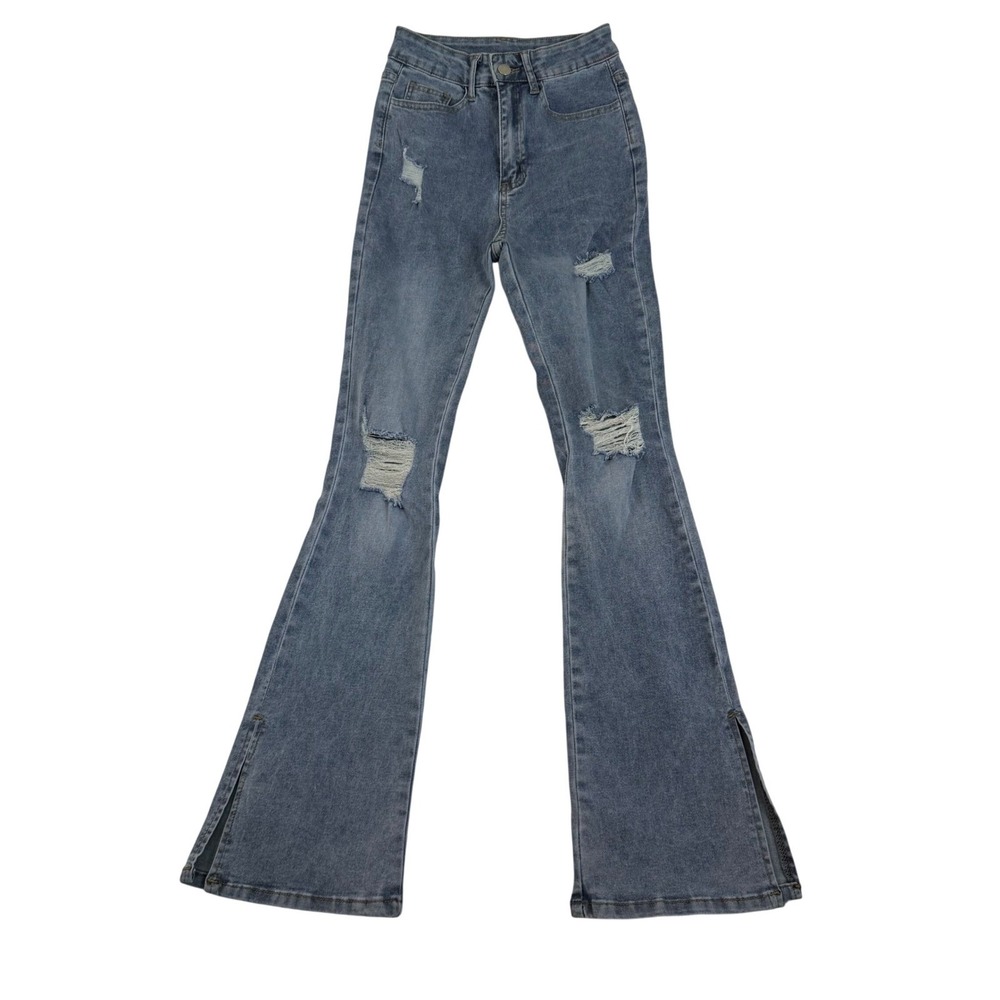 SHEIN Blue Distressed High Waisted Flare Jeans Side Slit Ripped Denim XS 2